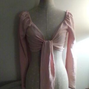 Blush Pink Tie-Front Long-Sleeve Crop Top